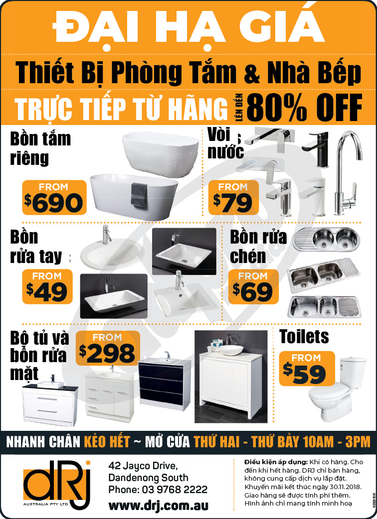 DRJ Australia đại hạ giá thiết bị phòng tắm & nhà bếp lên đến 80%